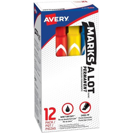AVERY Permanent Markers, Chisel Tip, 12/PK, BK/RD/BE/GN/BN/YW/PE/OE PK AVE24800